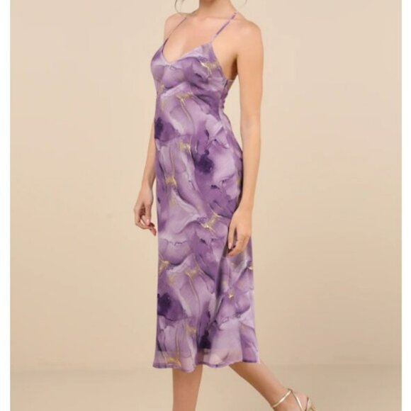 Lulus Bright Charm Purple Abstract Print Chiffon Slip Midi Dress - Size M - Picture 2 of 5